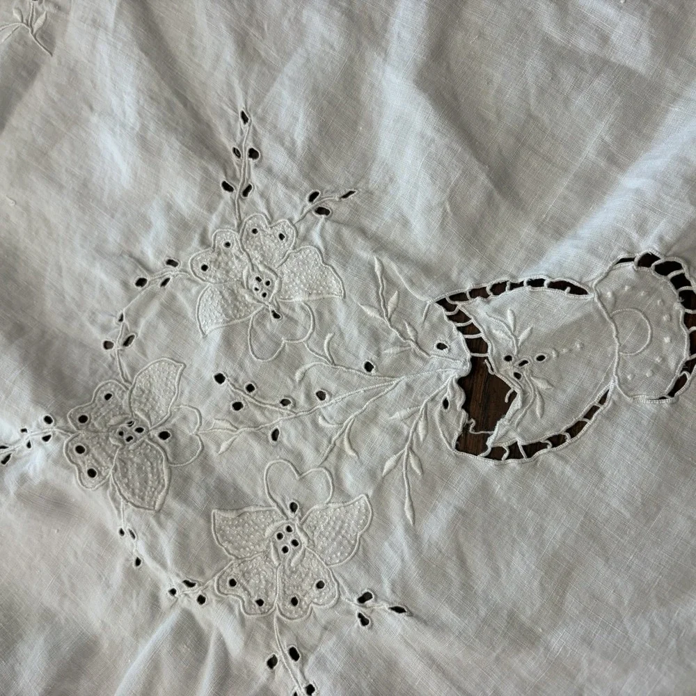 Vintage Madeira Cutwork Linen Tablecloth Floral Urn Scalloped Edge